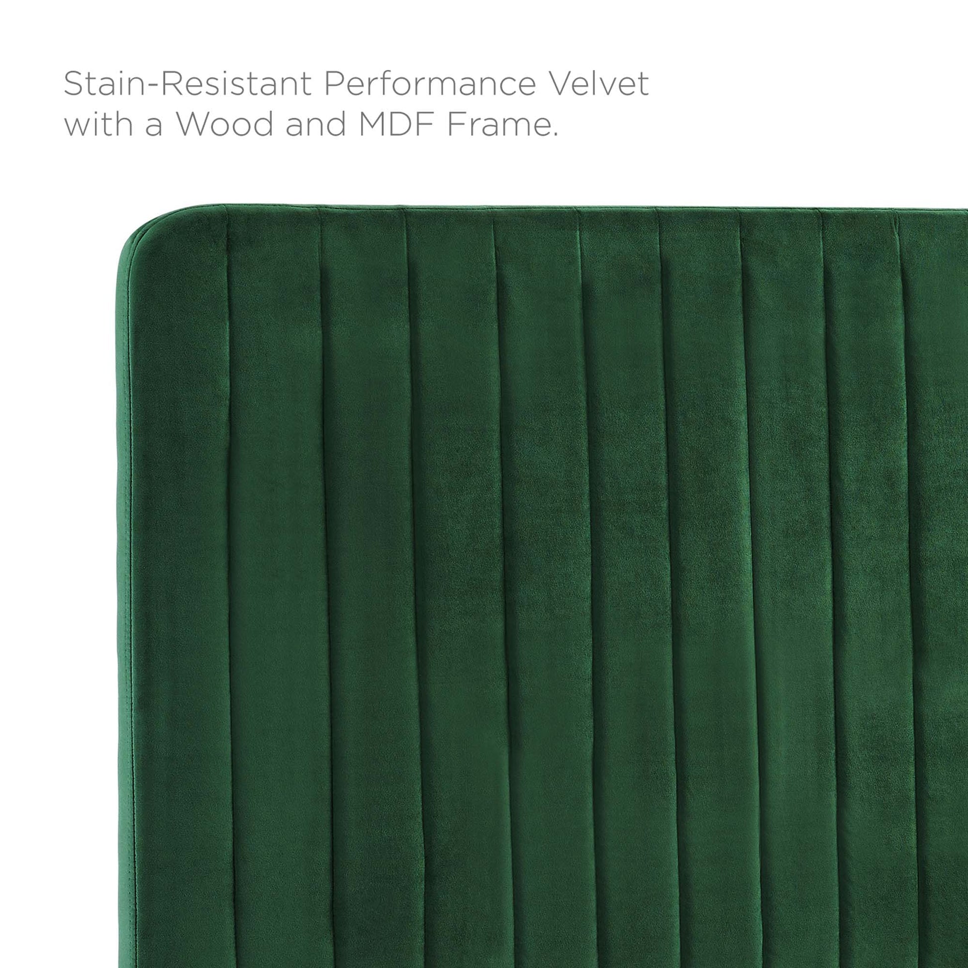 Emerald stain-resistant velvet headboard with vertical channel tufting, wood & MDF frame.