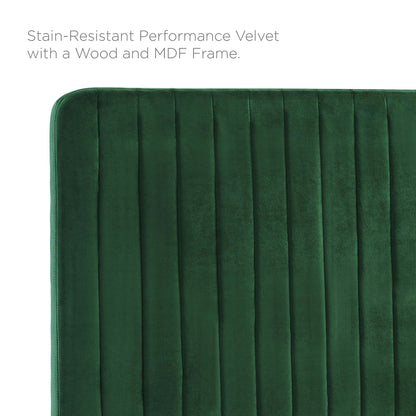 Emerald stain-resistant velvet headboard with vertical channel tufting, wood & MDF frame.