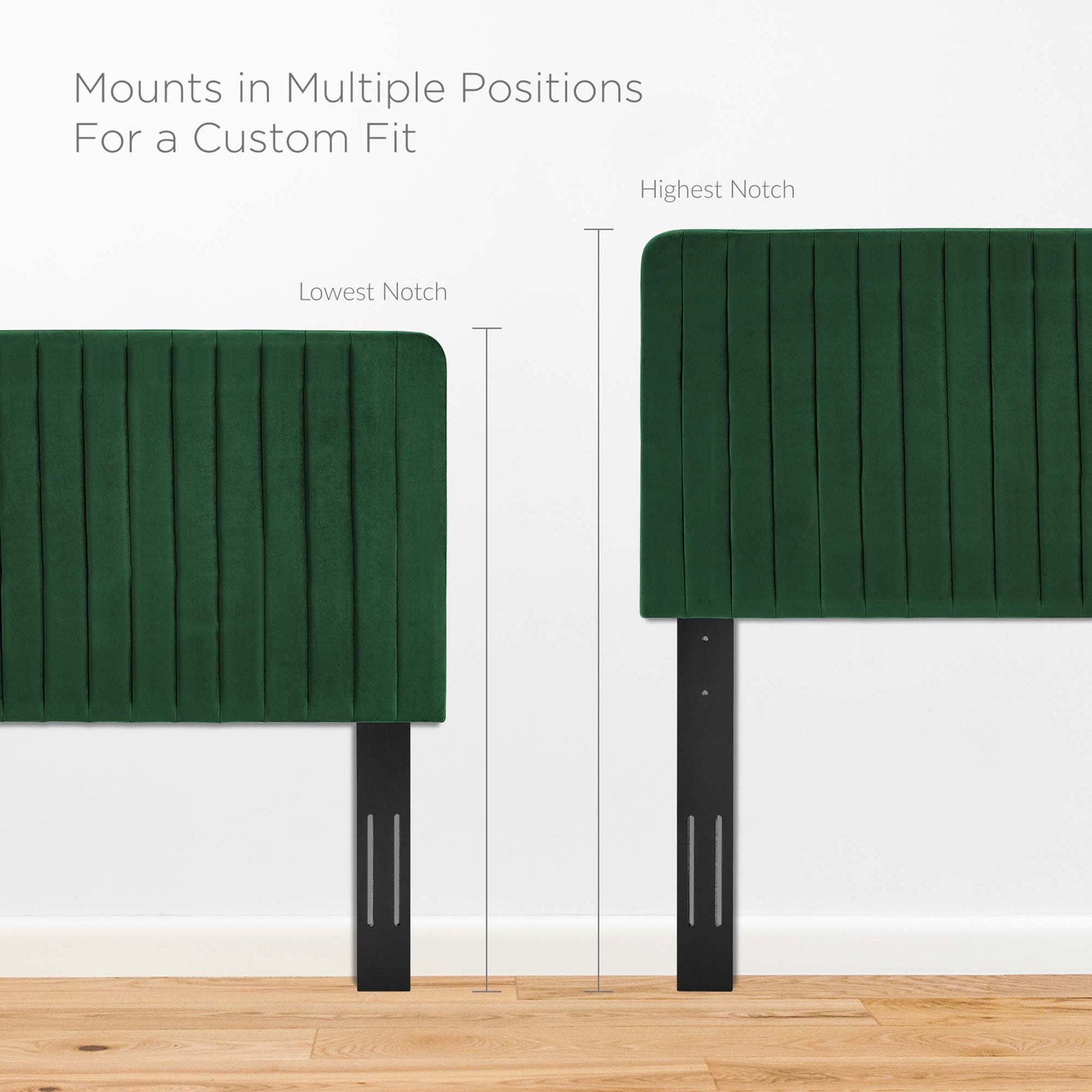 Two green velvet, vertical-channel tufted headboard panels on black & adjustable metal mounts.