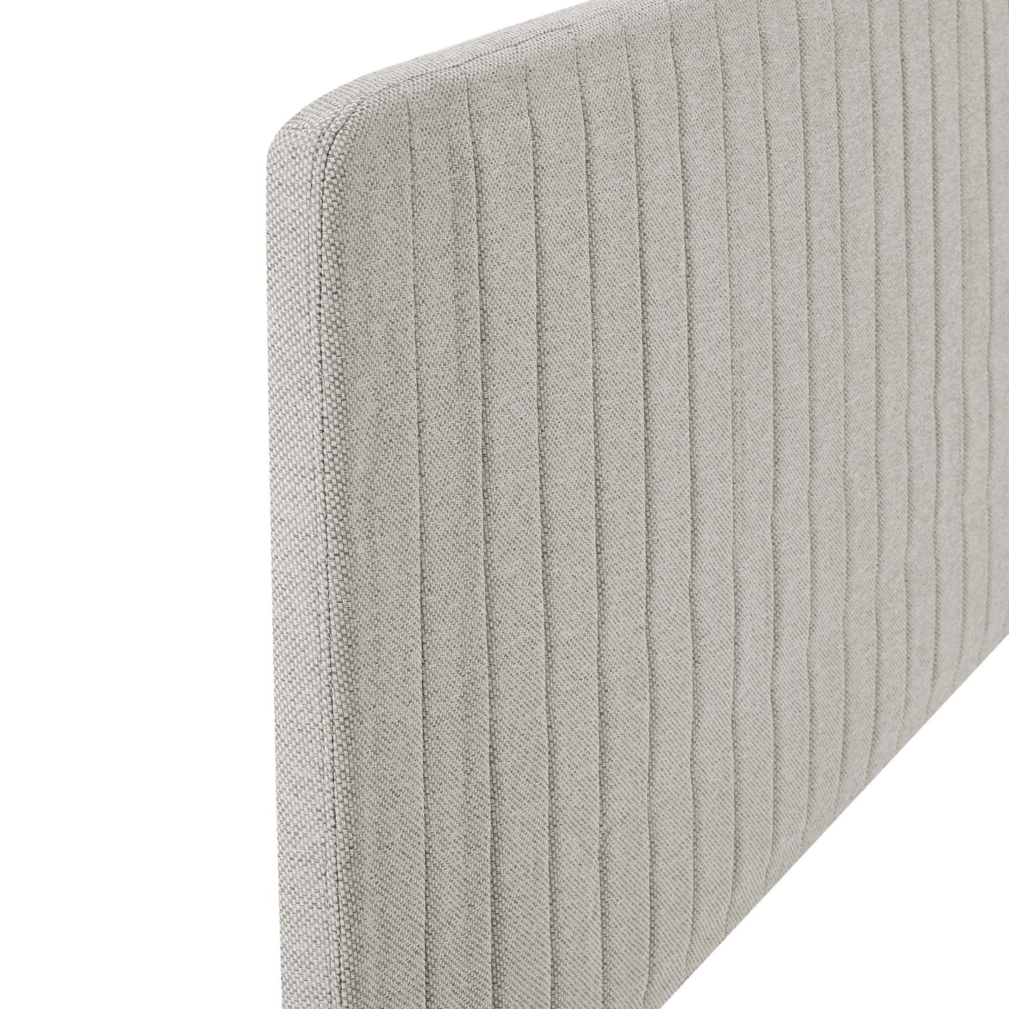Oatmeal ribbed fabric headboard with vertical channel tufting for full/queen bed.