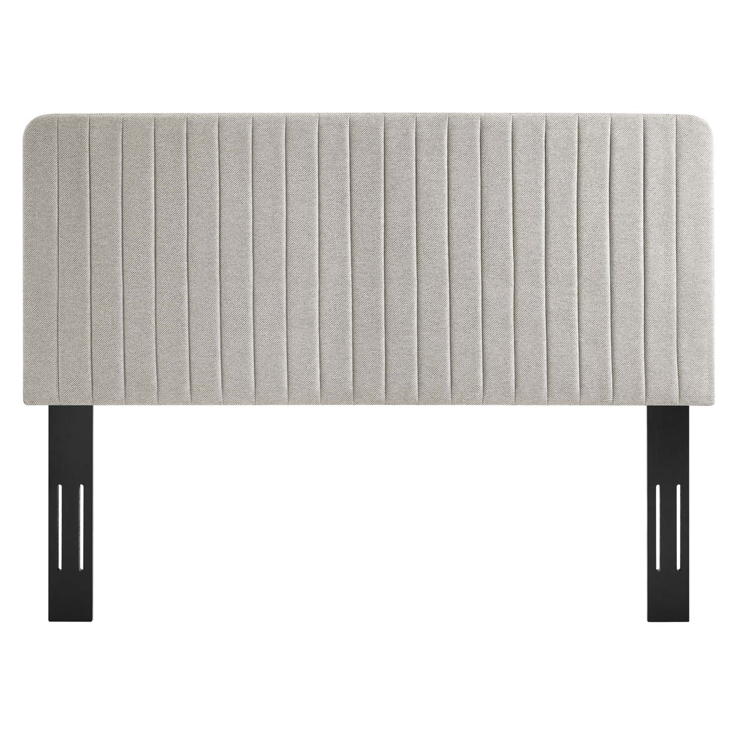 Oatmeal beige fabric upholstered full/queen headboard with vertical channel tufting.