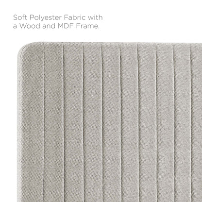 Oat beige upholstered headboard in soft polyester with vertical channel tufting over wood and MDF frame.