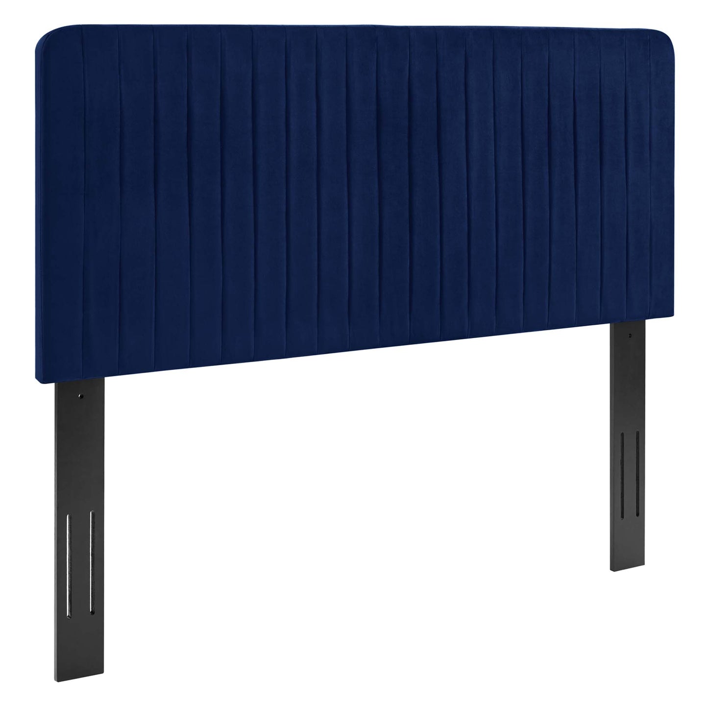 Navy blue upholstered headboard with vertical channel quilting and dark metal legs.