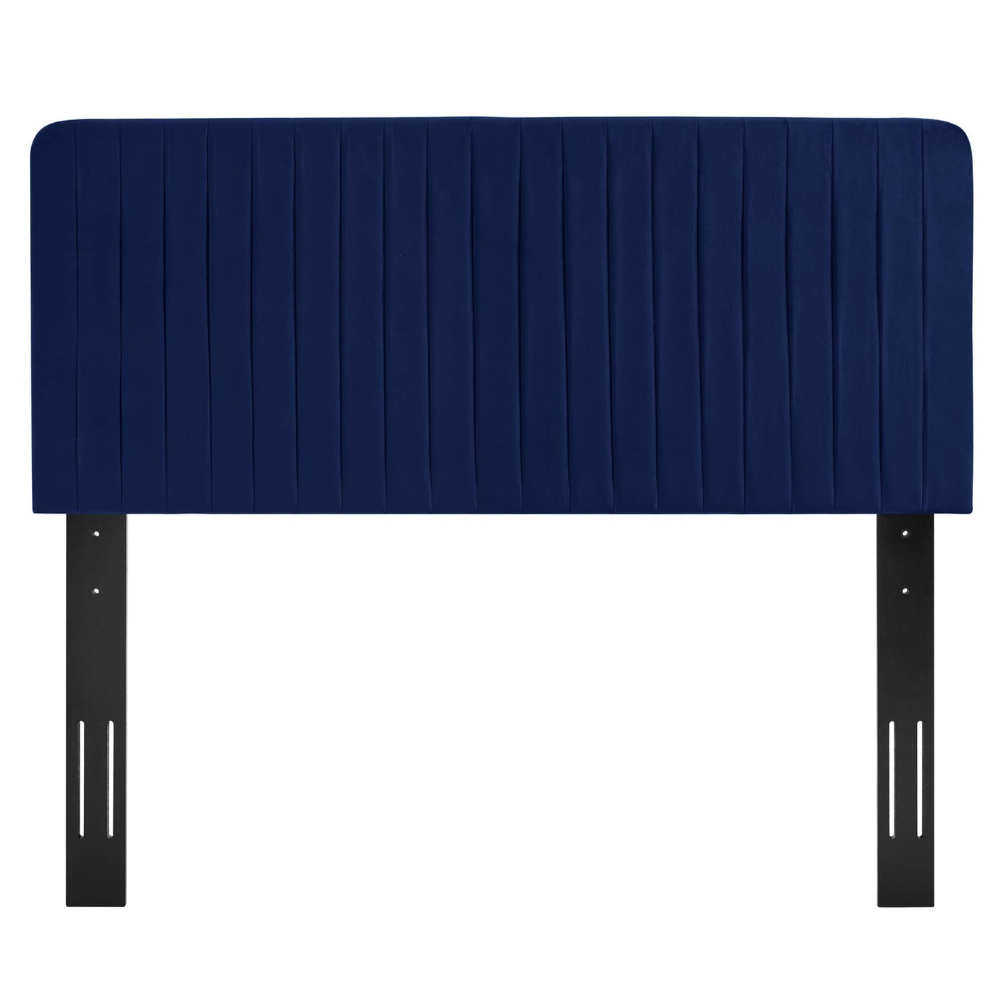 Navy blue upholstered headboard with vertical channel stitching and dark metal mounting brackets.