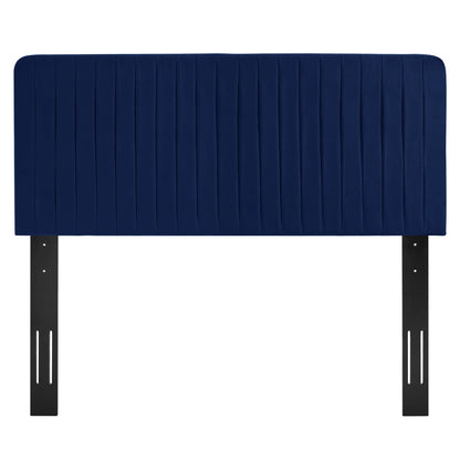 Navy blue upholstered headboard with vertical channel stitching and dark metal mounting brackets.