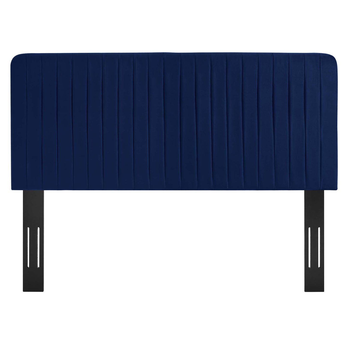 Navy blue padded headboard with vertical channel tufting and black metal legs.
