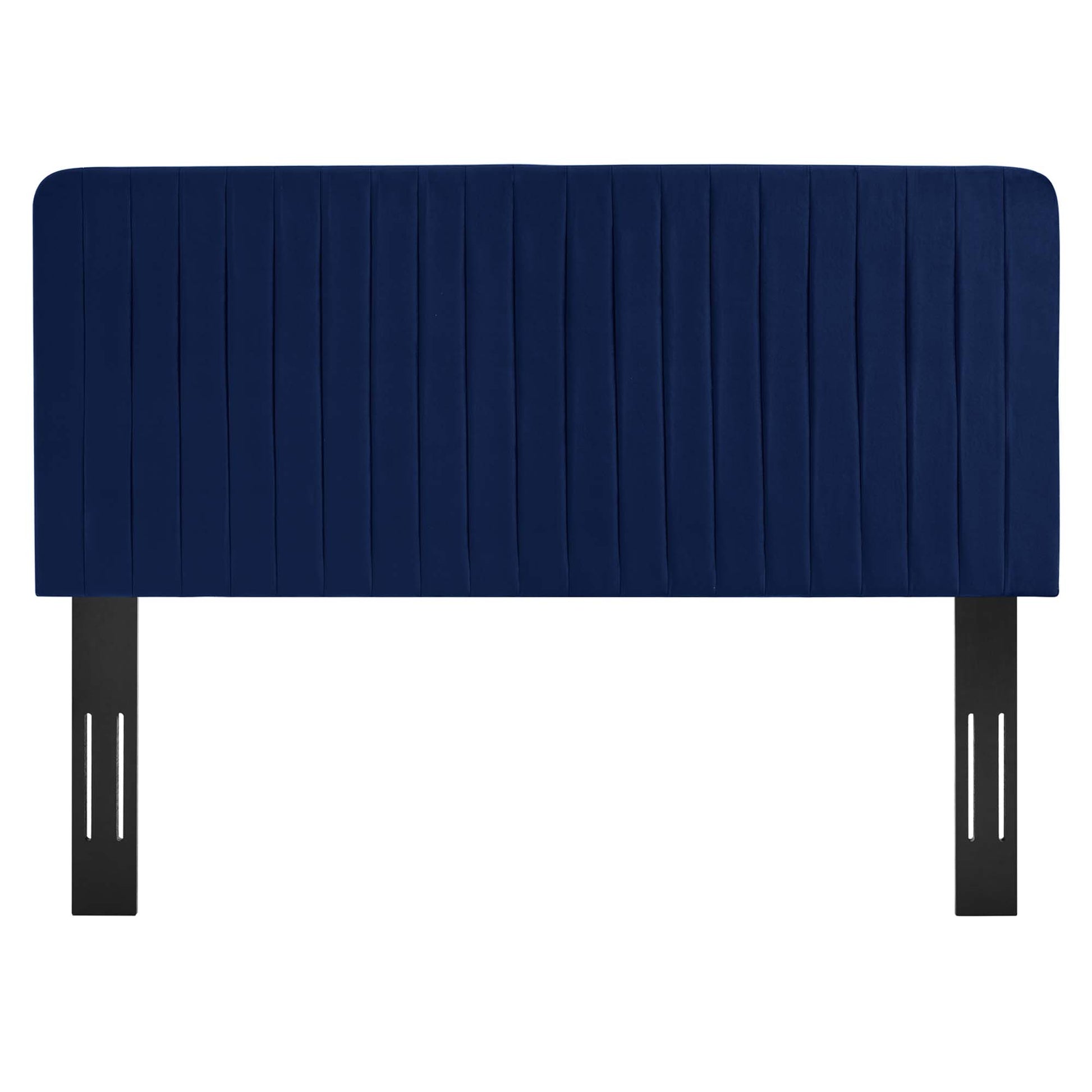 Navy blue padded headboard with vertical channel tufting and black metal legs.