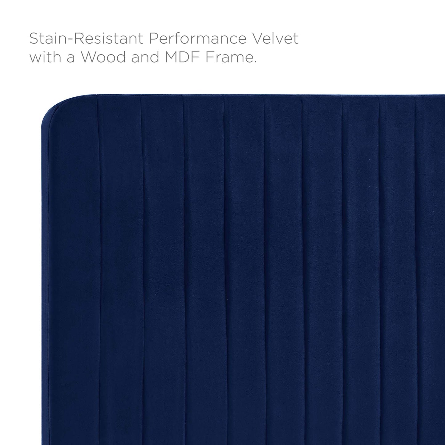 Navy stain-resistant velvet upholstery with vertical channel quilting and a rounded corner on a wood/MDF-framed headboard