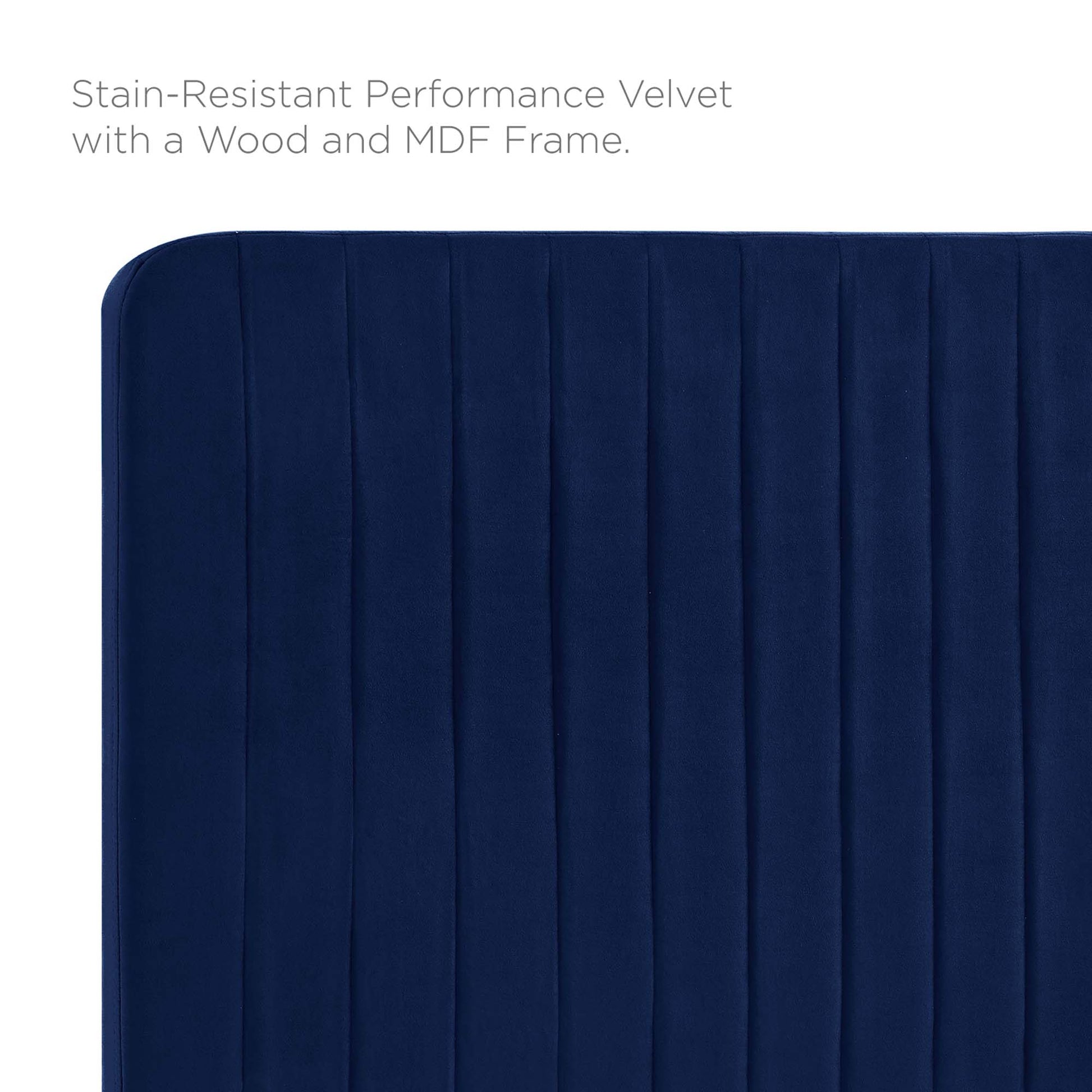 Navy stain-resistant velvet upholstery with vertical channel quilting and a rounded corner on a wood/MDF-framed headboard