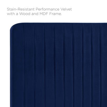Navy stain-resistant velvet upholstery with vertical channel quilting and a rounded corner on a wood/MDF-framed headboard