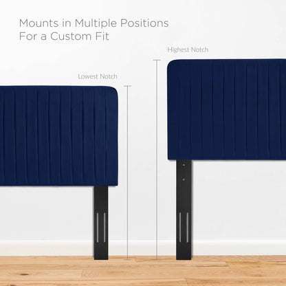 Navy blue upholstered headboard panel with adjustable slotted metal legs for multiple mounting positions