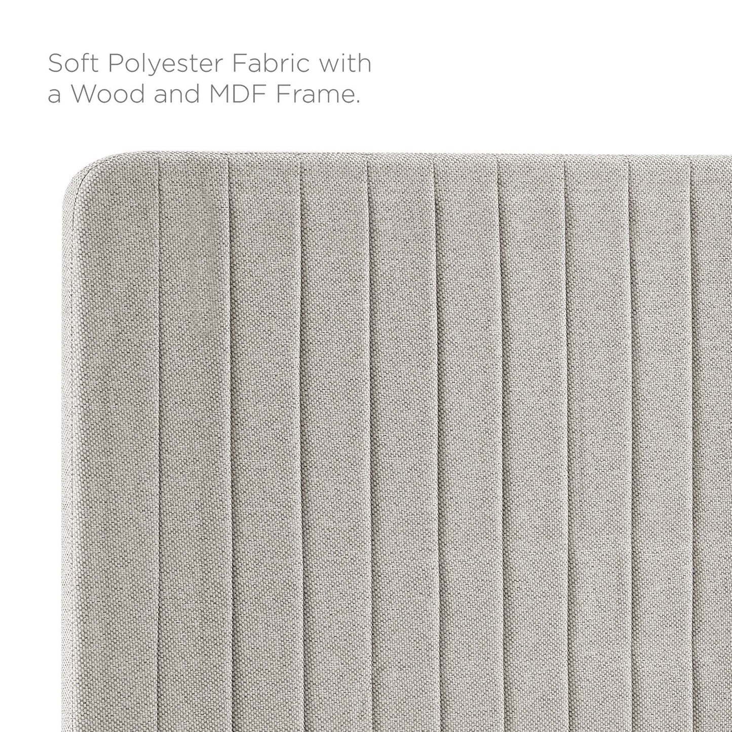 Oatmeal soft polyester fabric with vertical channel tufting on an upholstered headboard panel, wood and MDF frame.