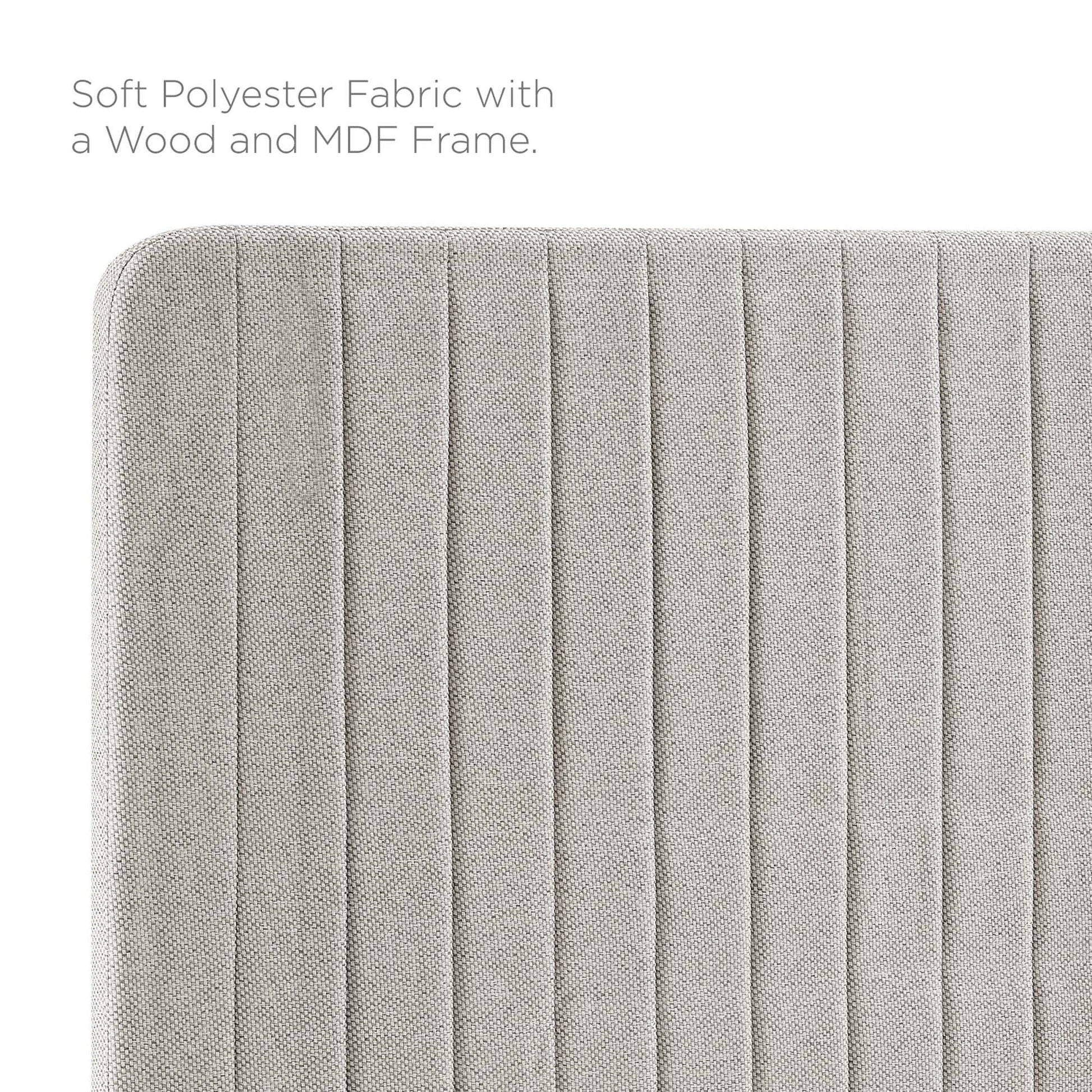Oatmeal soft polyester fabric with vertical channel tufting on an upholstered headboard panel, wood and MDF frame.