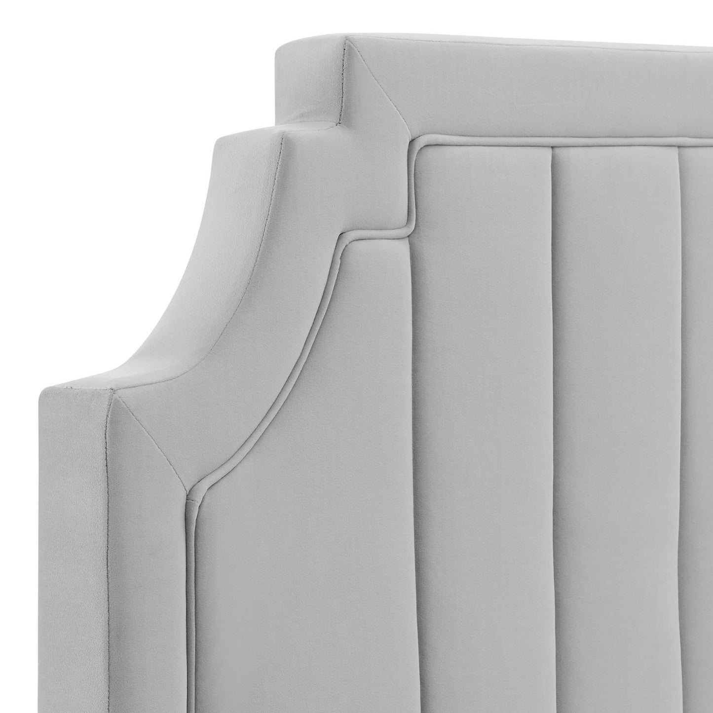 Gray channel-tufted twin headboard with performance velvet upholstery.