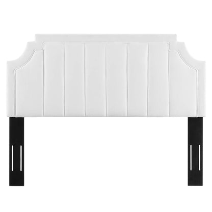 White upholstered headboard with vertical channel quilting, curved side profiles, mounted on black metal legs.