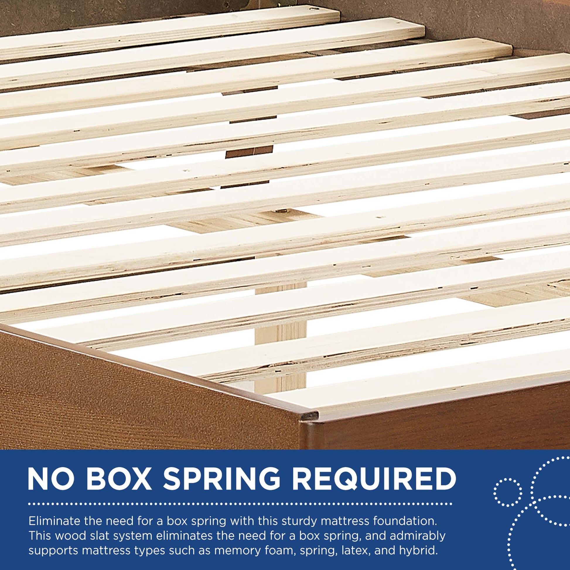 Light walnut platform bed with evenly spaced slats; king size with angular legs; no box spring required.