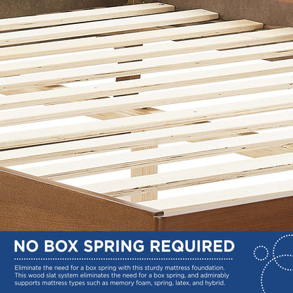 Light walnut platform bed with evenly spaced slats; king size with angular legs; no box spring required.