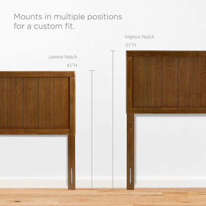 Walnut wood queen platform bed with an angular frame, headboard panels with vertical slats and adjustable posts for multiple heights (41 to 51 inches).