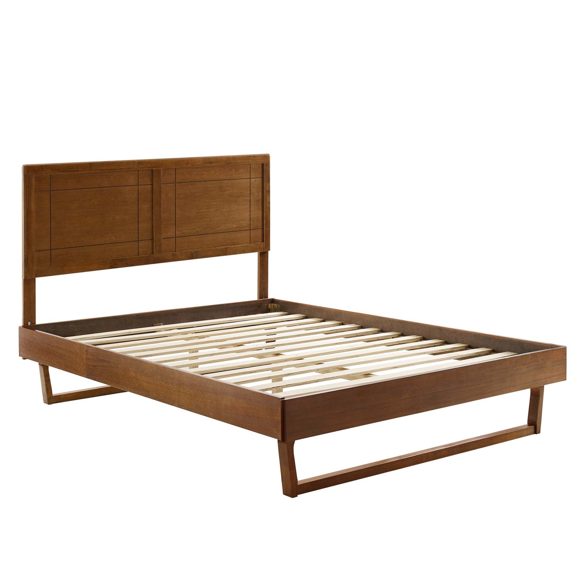 Walnut-finished queen platform bed with angular frame, rectangular paneled headboard, and slatted base.