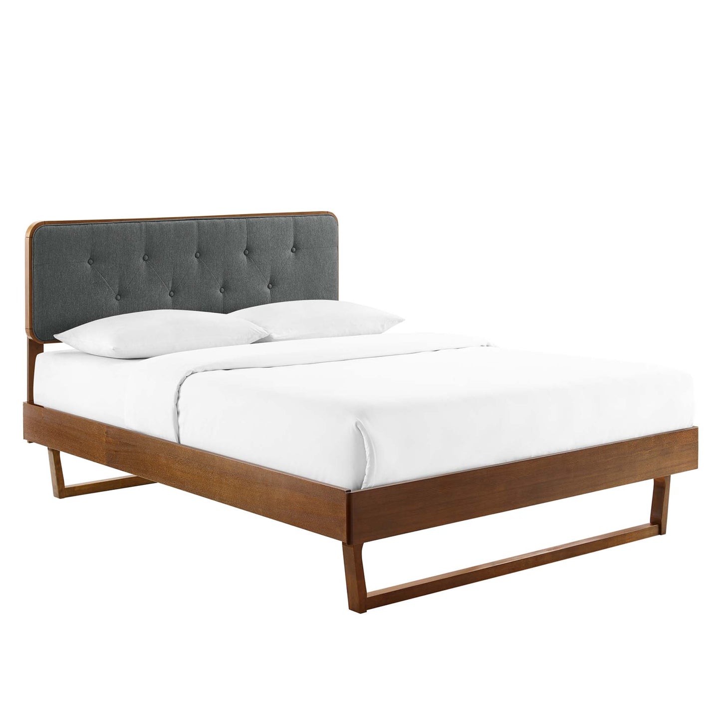 Walnut wood queen platform bed with dark gray tufted headboard and white bedding, modern minimalist design.