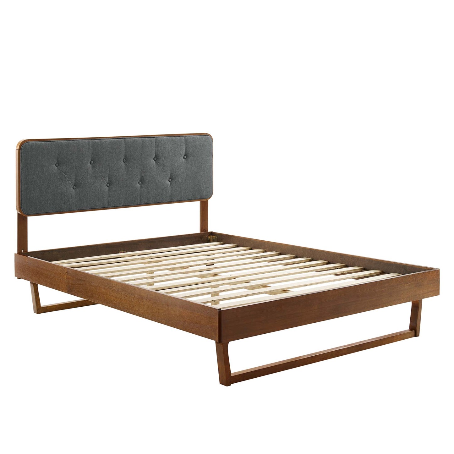 Walnut-finish wooden queen platform bed with an angular frame and a slatted platform.