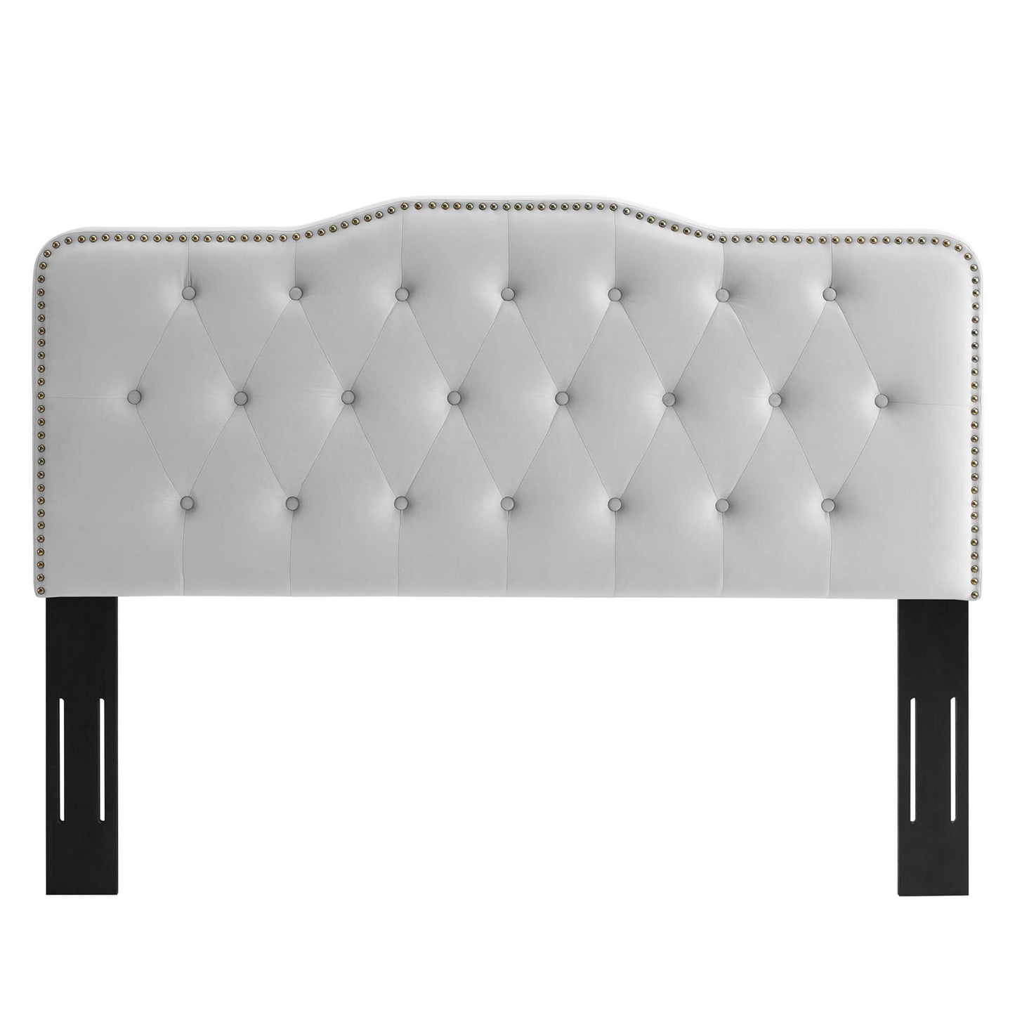Light gray tufted upholstered headboard with nailhead trim, curved scalloped top, and black rectangular legs.