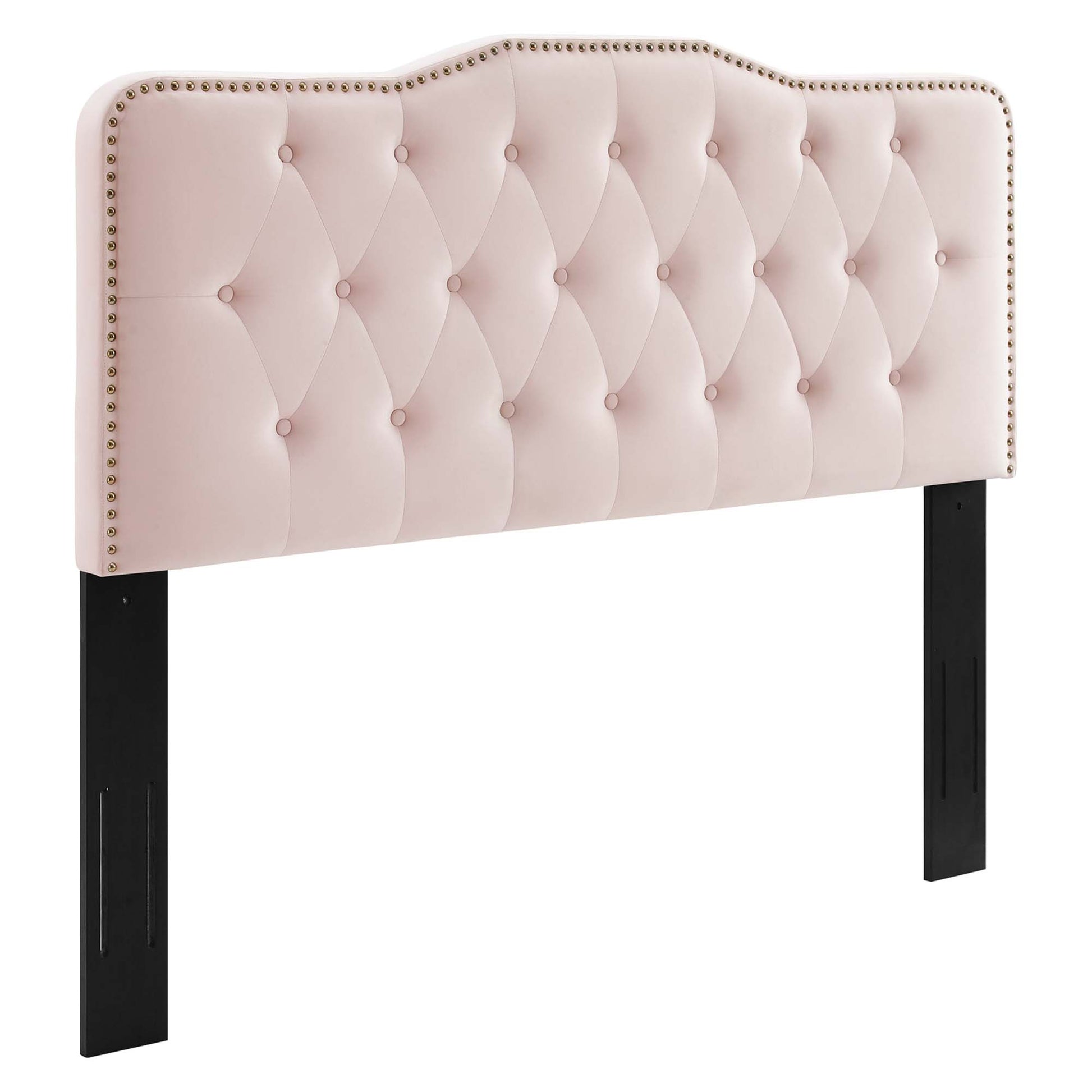 Red tufted upholstered headboard with button tufting, nailhead trim, and black rectangular legs.