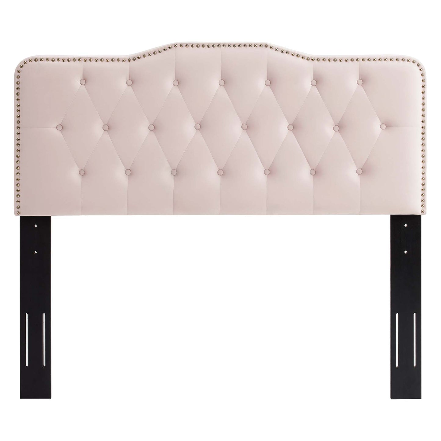 Red tufted upholstered headboard with diamond pattern, nailhead trim along edges, curved top, and black legs.