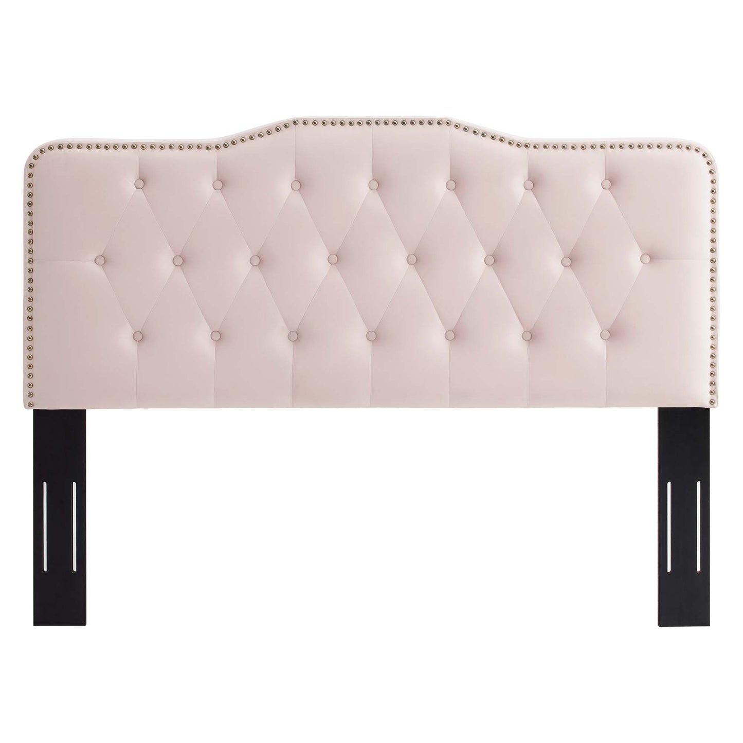 Red tufted headboard with diamond button pattern, nailhead trim, curved top & black wooden legs.