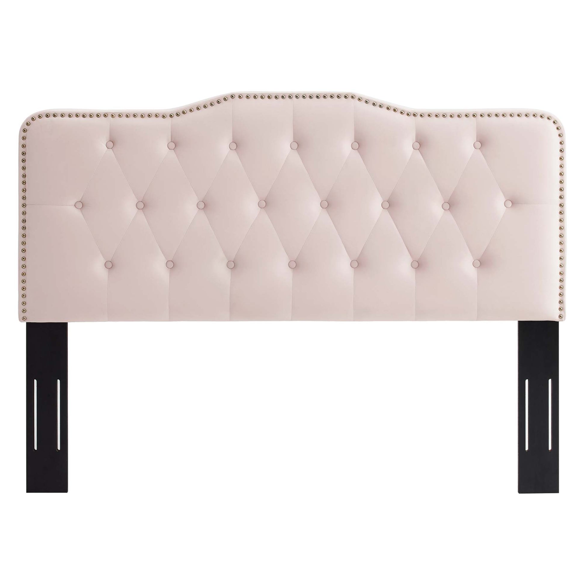 Red tufted headboard with diamond button pattern, nailhead trim, curved top & black wooden legs.