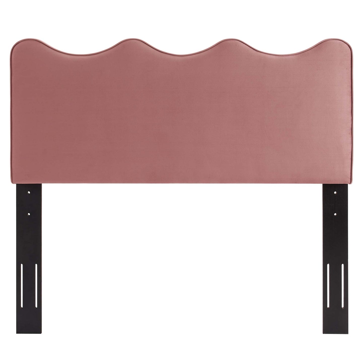 Dusty pink upholstered headboard with a wavy scalloped top and black metal mounting legs for bed frame.
