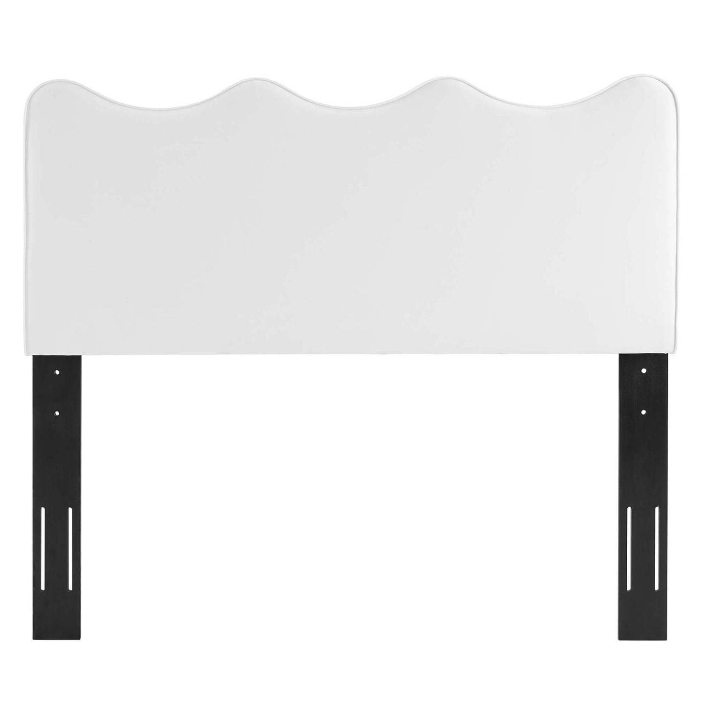 White padded twin headboard with a wavy, scalloped top, supported by black metal legs for a bed frame.