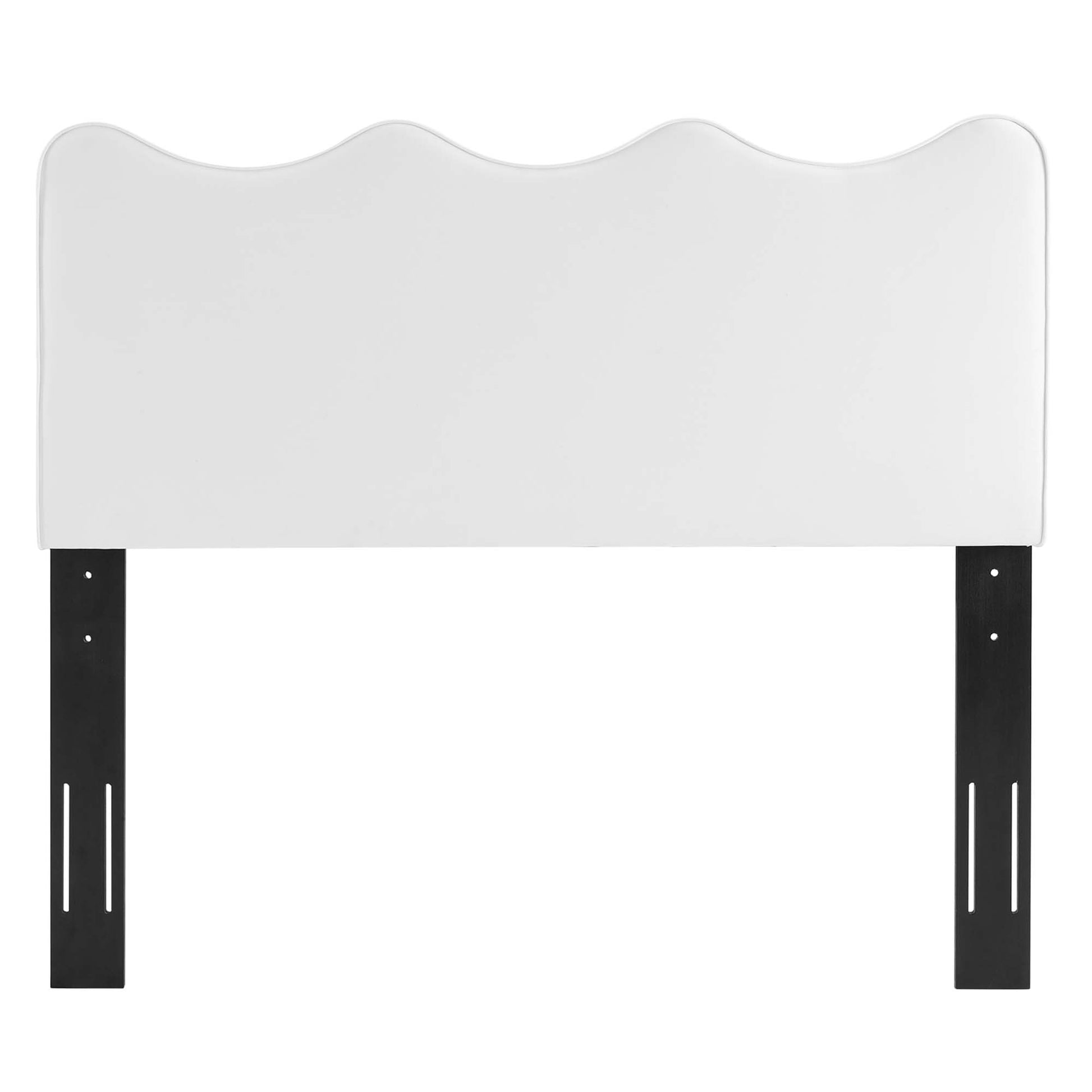 White padded twin headboard with a wavy, scalloped top, supported by black metal legs for a bed frame.