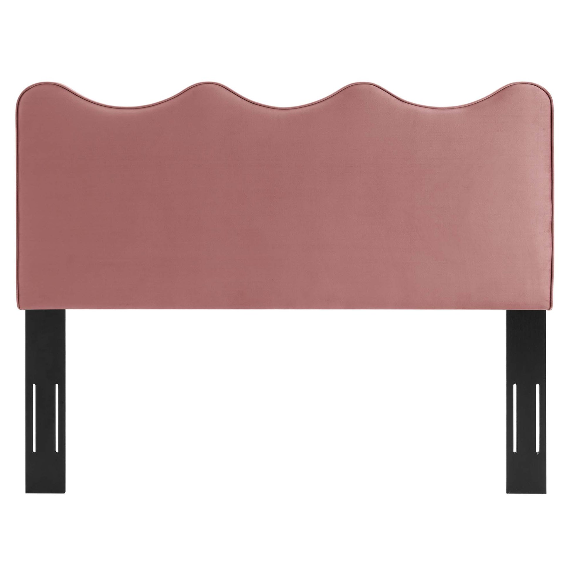 Red upholstered headboard with scalloped wavy top and black metal legs.