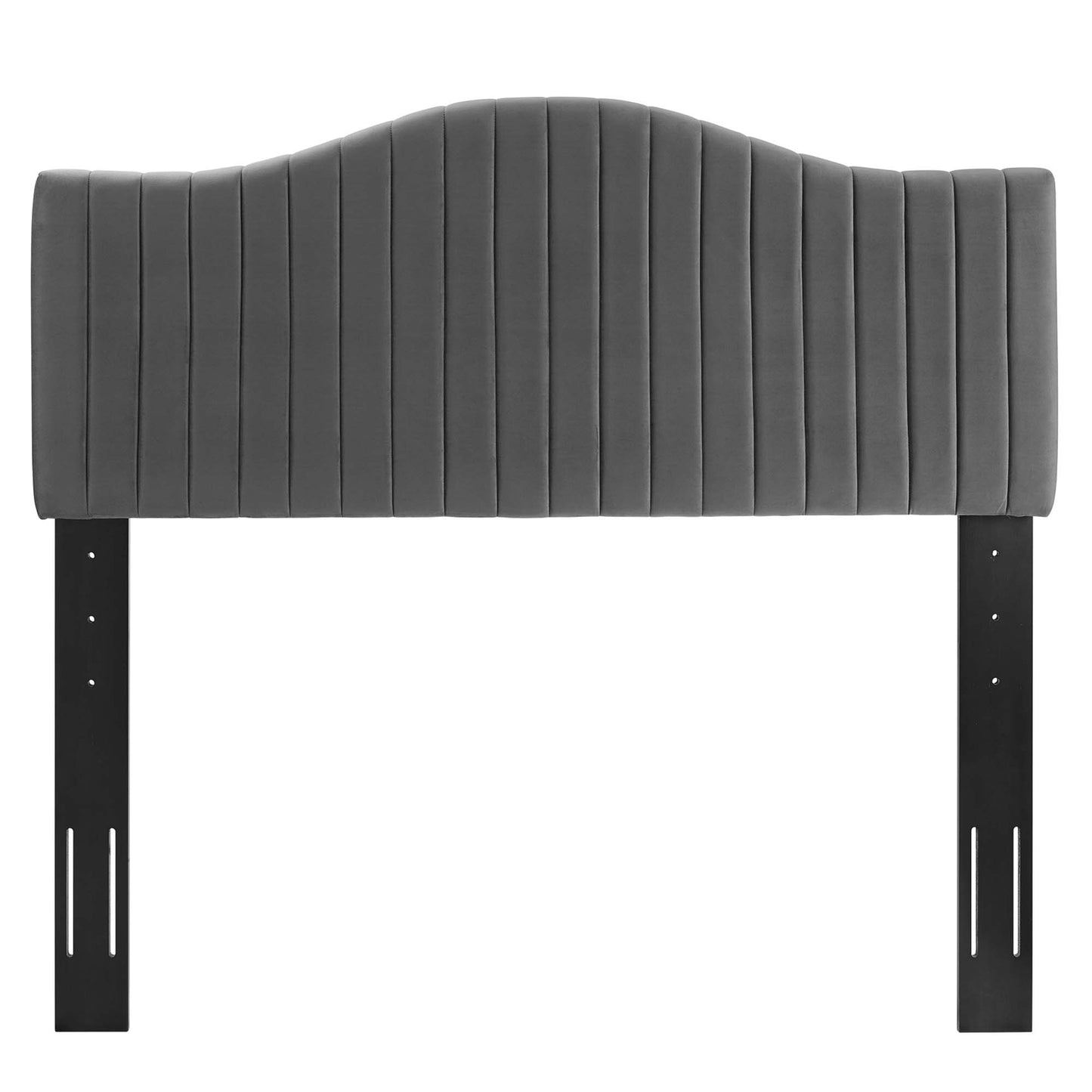 Charcoal gray upholstered twin headboard with curved top and vertical channel stitching on black metal legs.