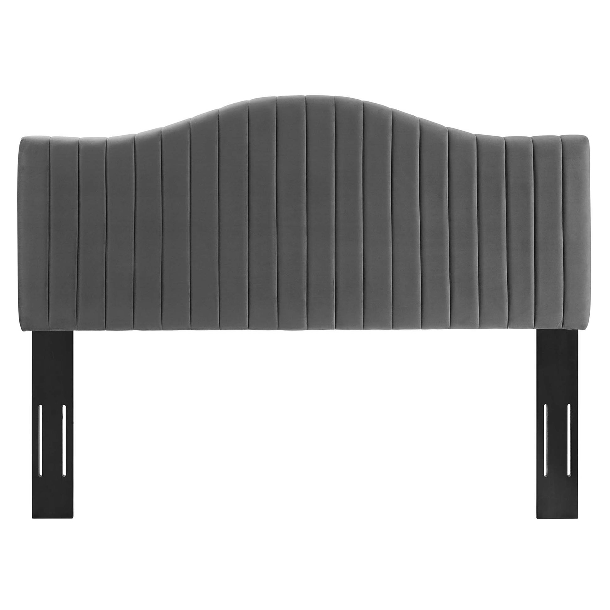 Gray curved upholstered twin headboard in performance velvet with vertical channel tufting and black metal mounting brackets.