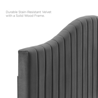 Charcoal stain-resistant velvet twin headboard with curved vertical channel tufting and a solid wood frame