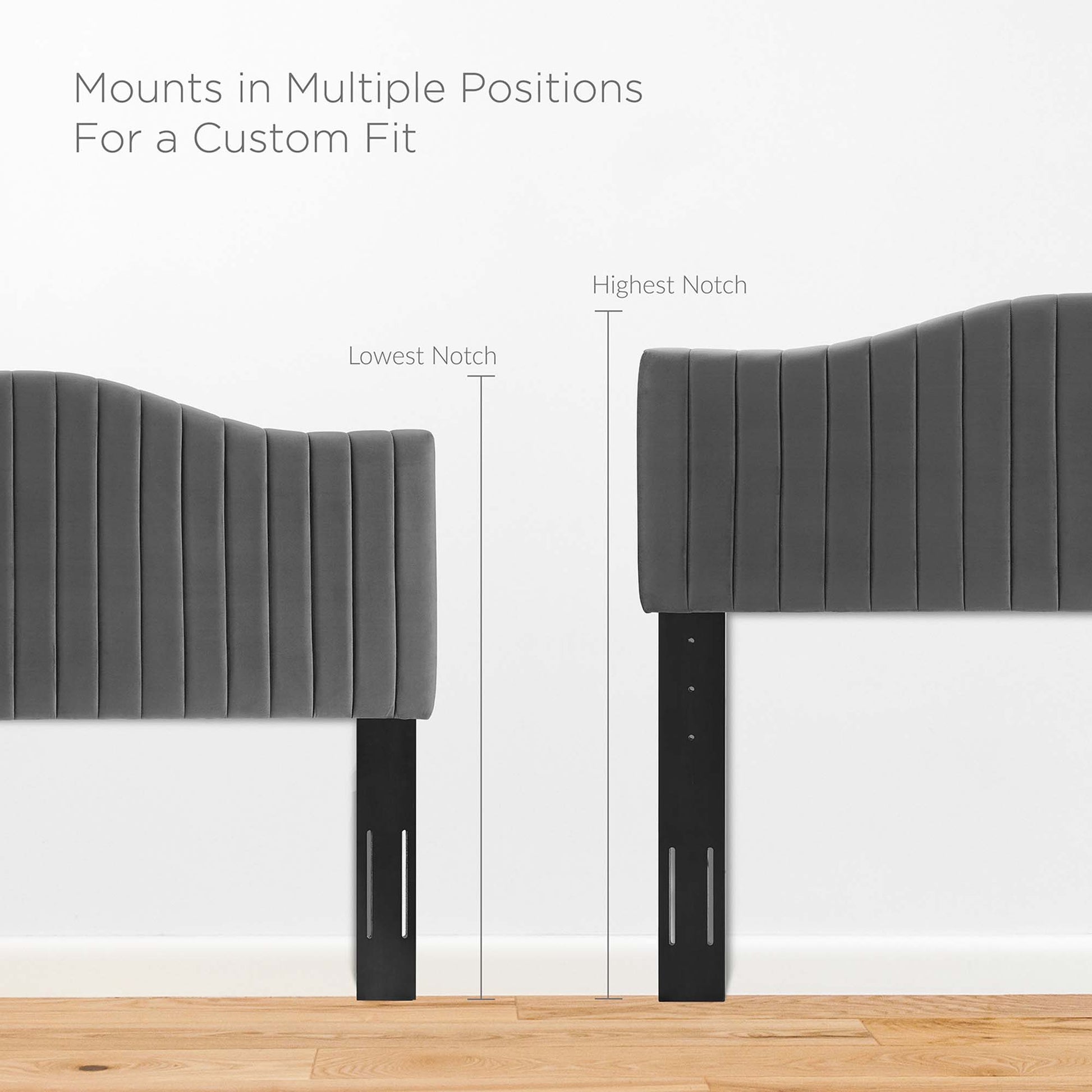 Gray tufted twin headboard with vertical channel stitching in charcoal performance velvet.
