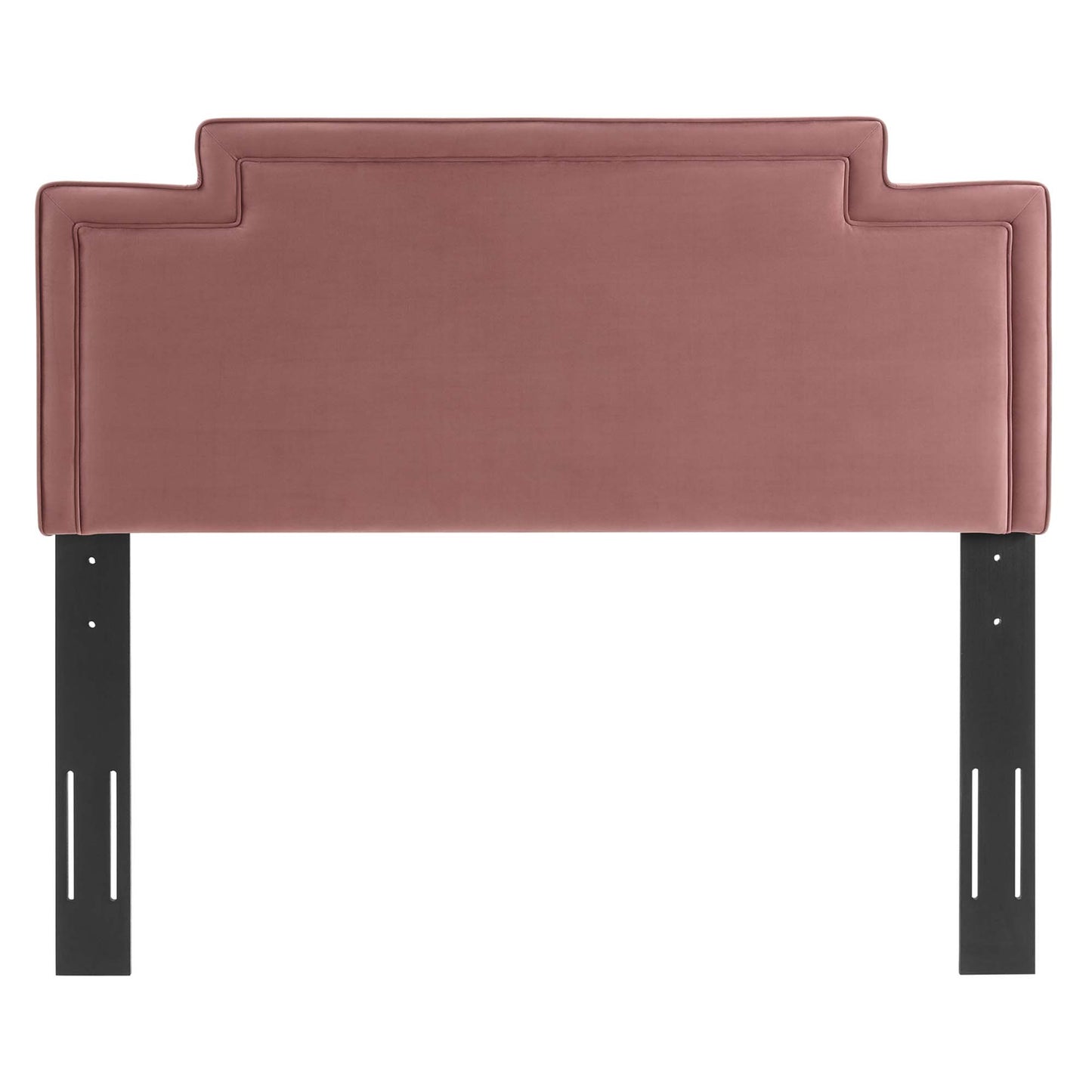 Dusty rose upholstered headboard with stepped top edges and black metal legs.