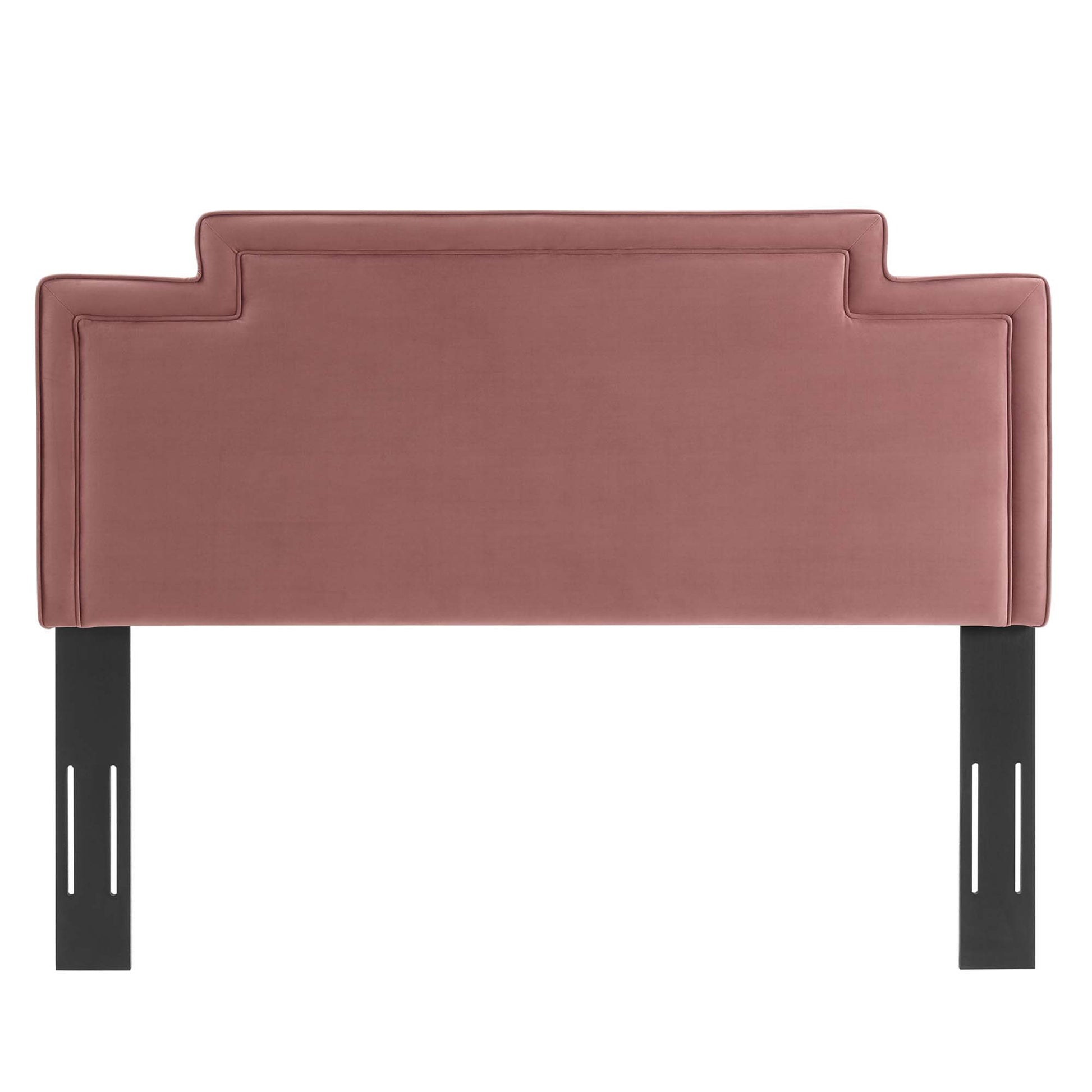 Dusty rose performance velvet twin headboard with stepped edge detail; black metal legs for modern bed frame support.