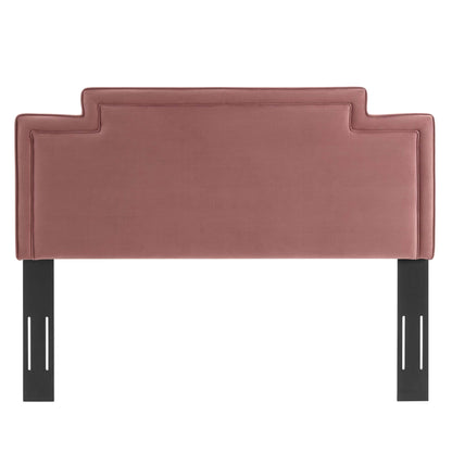 Dusty rose performance velvet twin headboard with stepped edge detail; black metal legs for modern bed frame support.