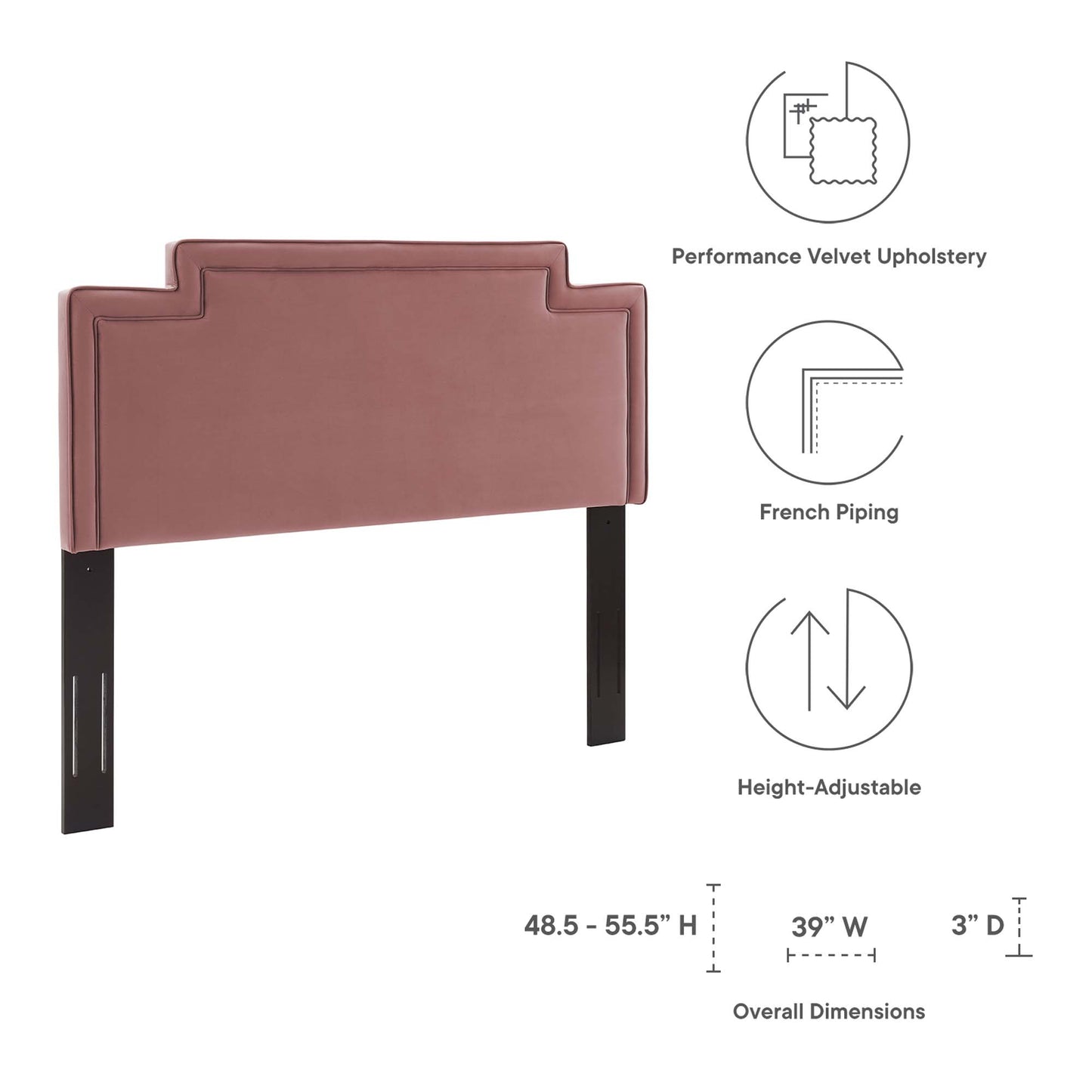 Pink velvet upholstered headboard with stepped crown and black metal legs; height-adjustable for a bed.