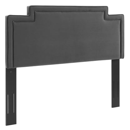 Charcoal gray performance velvet upholstered headboard with a stepped, geometric silhouette on black metal legs.