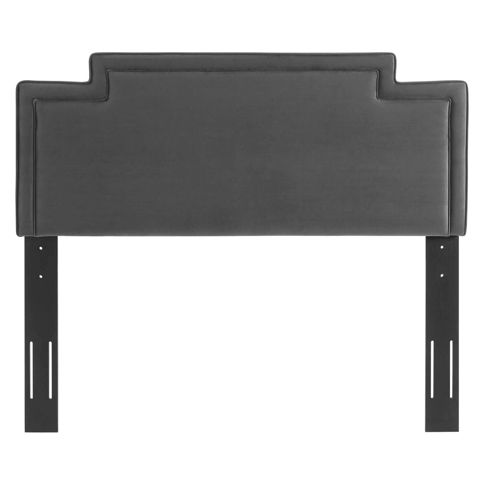 Charcoal gray upholstered headboard with stepped architectural silhouette & black metal legs.