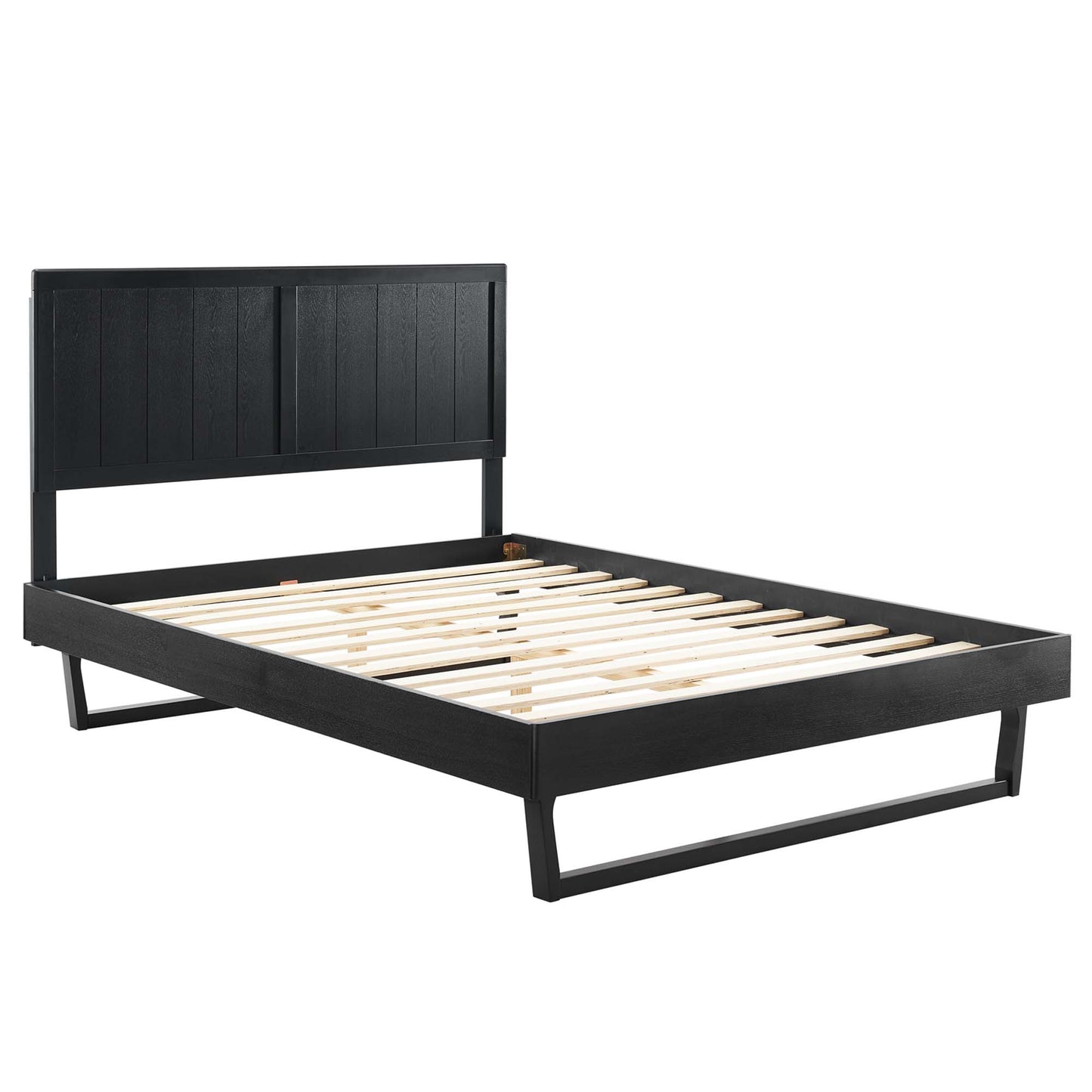 Black wood full platform bed with angular frame and tall paneled headboard; wooden slat base.