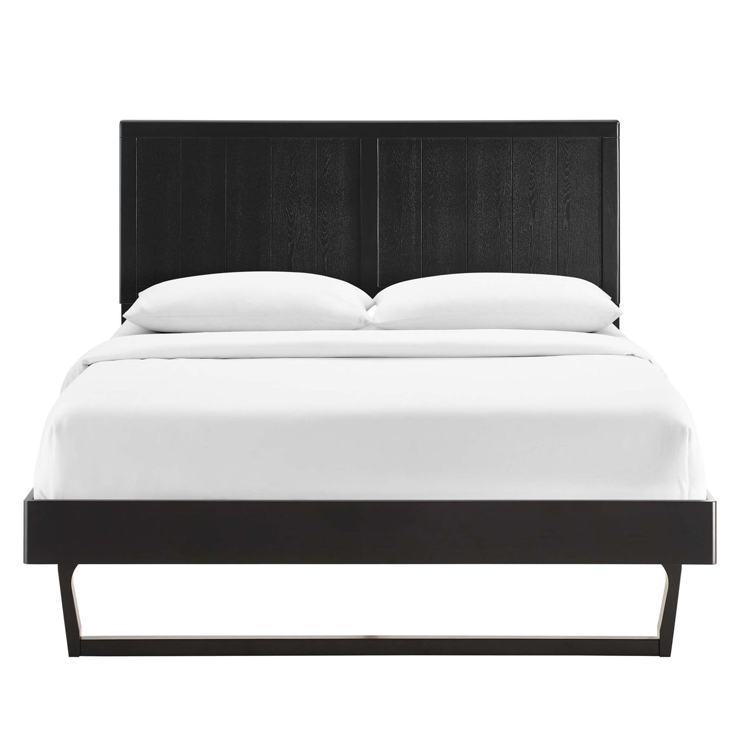 Modern black platform bed with tall paneled headboard and slim base, white bedding and two pillows.