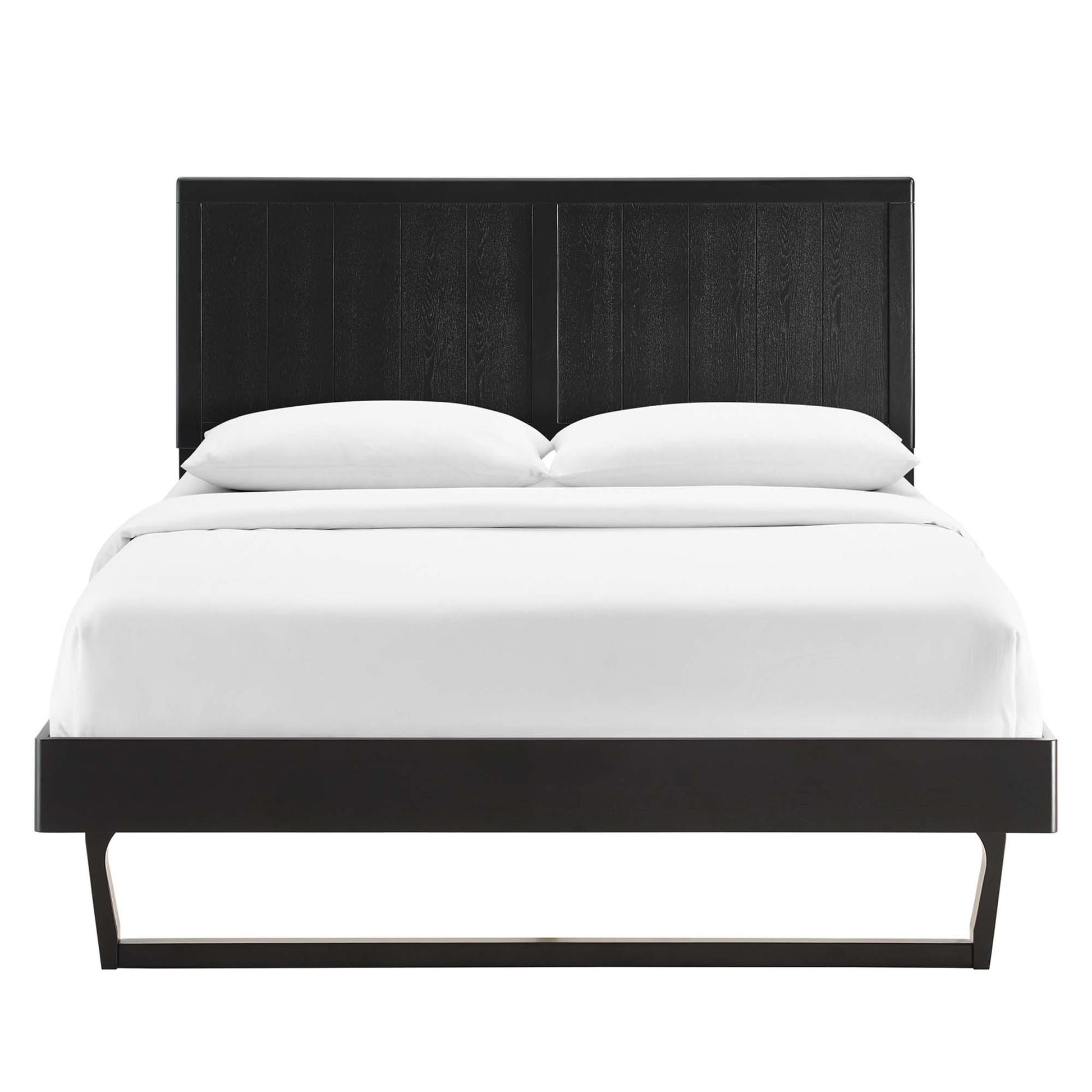 Modern black platform bed with tall paneled headboard and slim base, white bedding and two pillows.