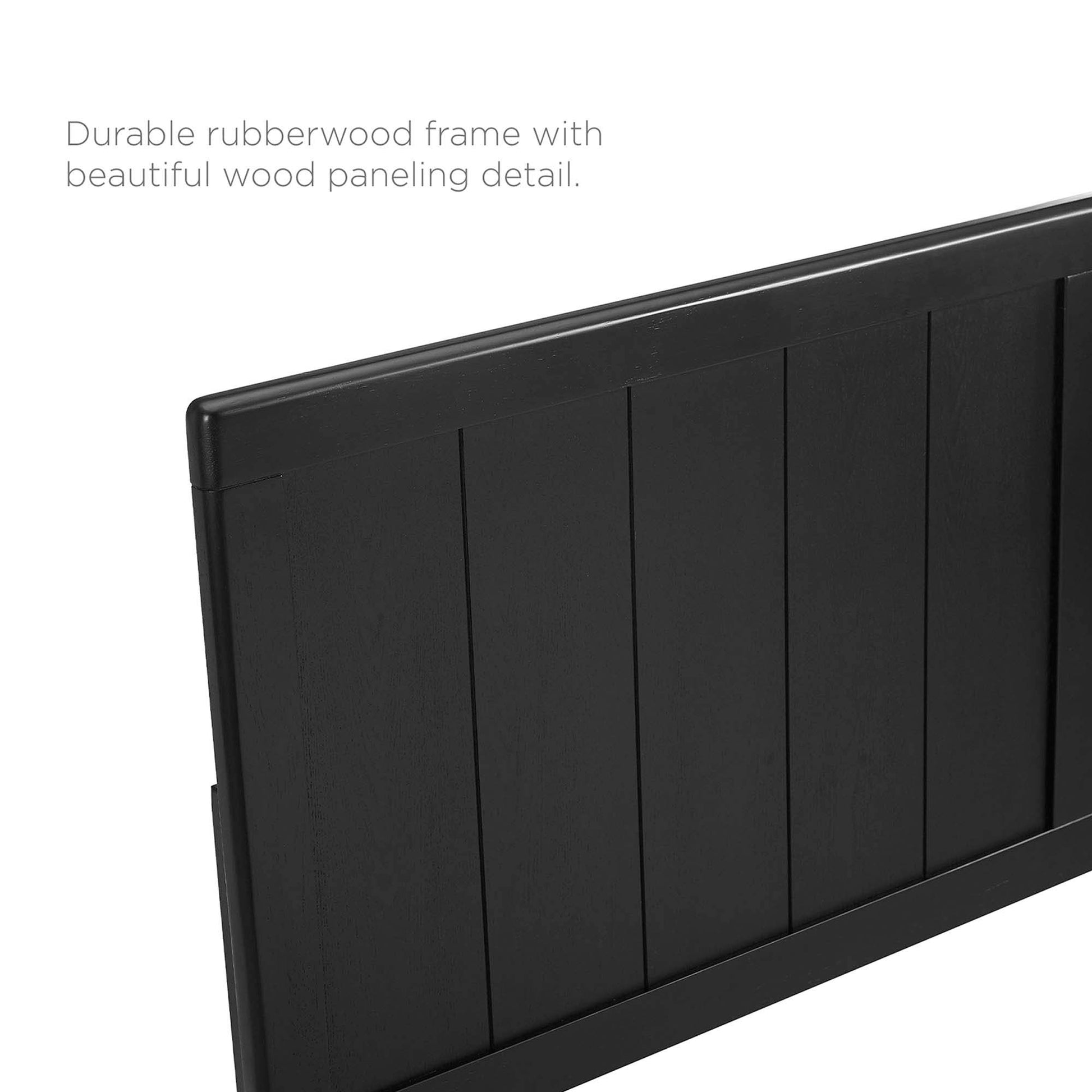 Black rubberwood full platform bed frame with angular design and vertical wood paneling.