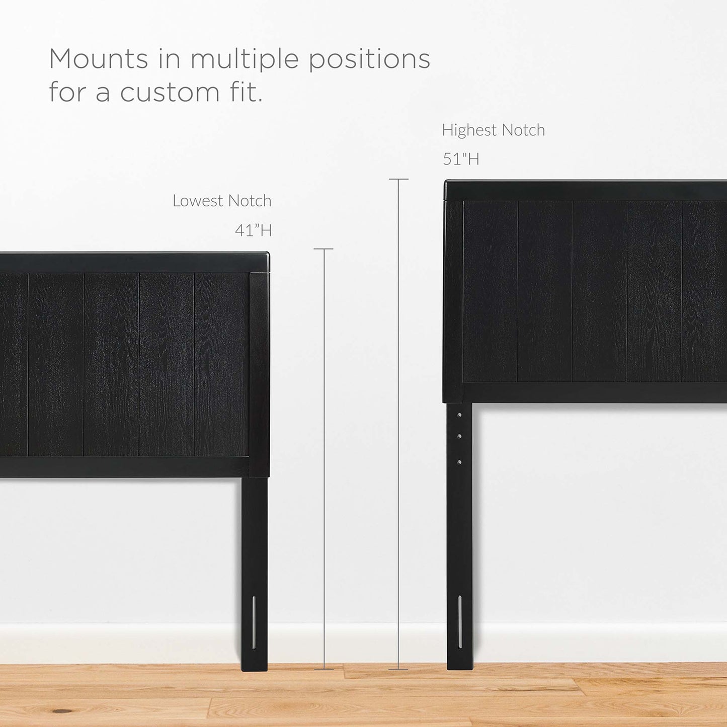 Black wood full platform bed with angular frame.