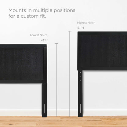 Black wood full platform bed with angular frame.